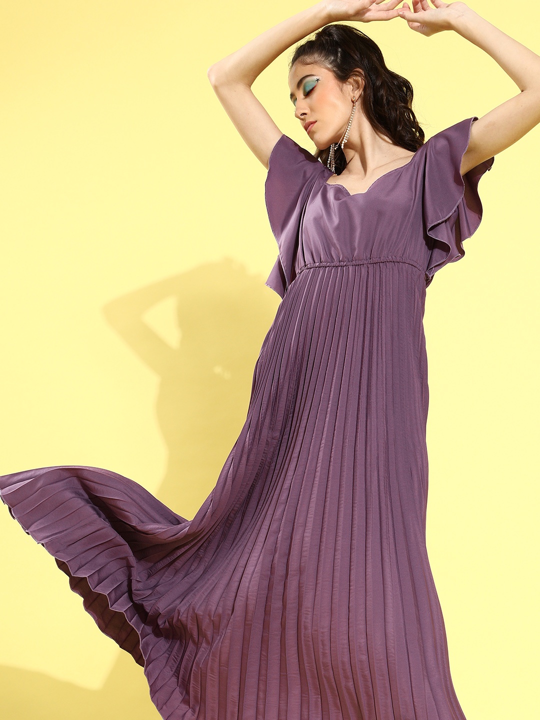 

U&F Women Purple Solid A-Line Midi Dress