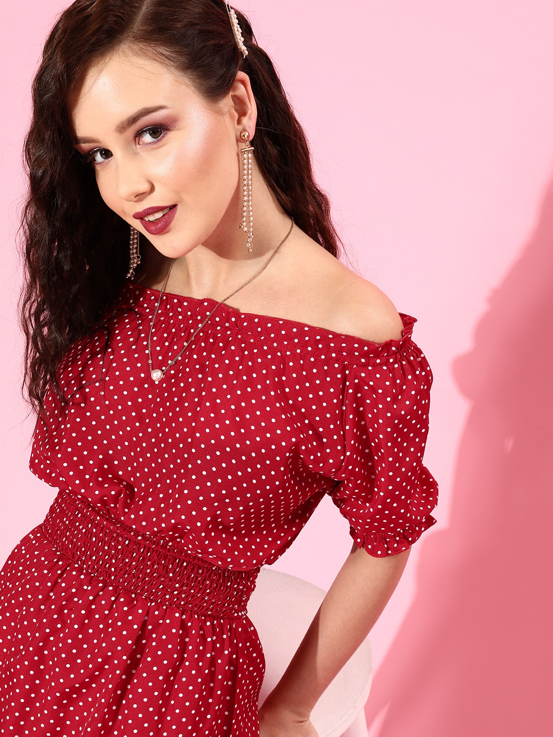 

U&F Women Red & White Polka Dots Printed Off-Shoulder Crepe A-Line Dress