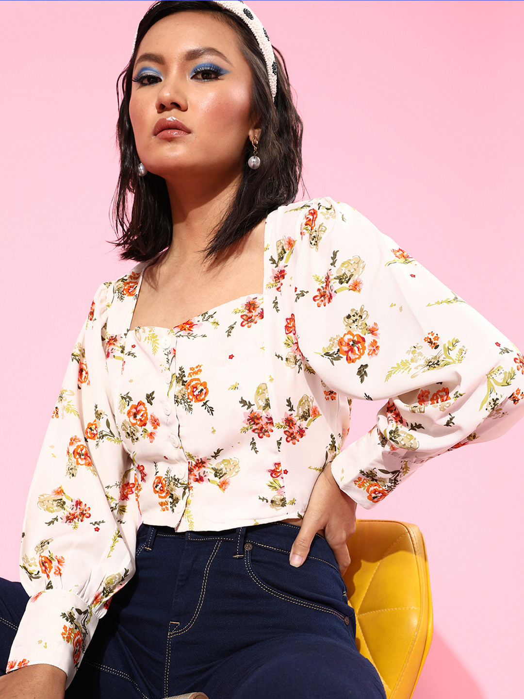 

U&F Women White & Green Floral Print Puff Sleeves Crop Top