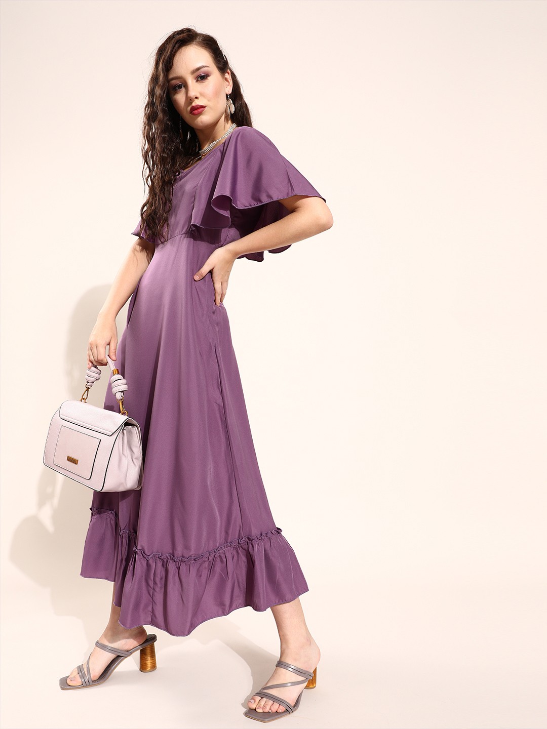

U&F Women Charming Purple Solid Sweetheart Neck Dress