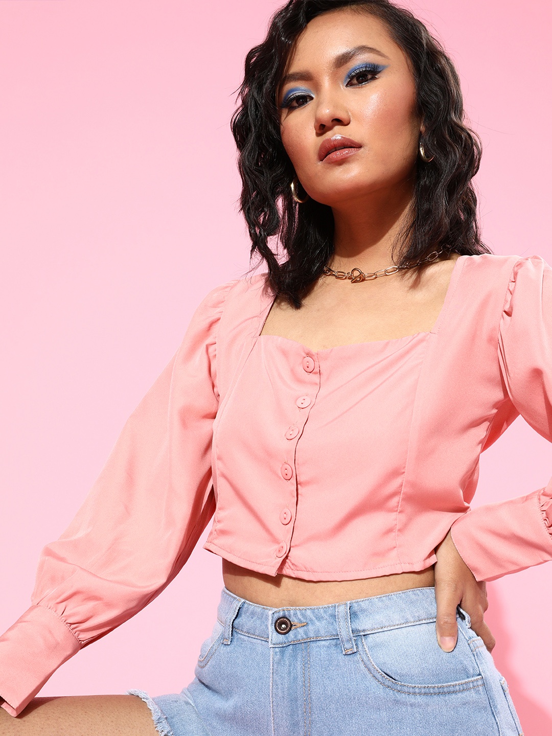 

U&F Women Pink Solid Puff Sleeves Regular Crop Top