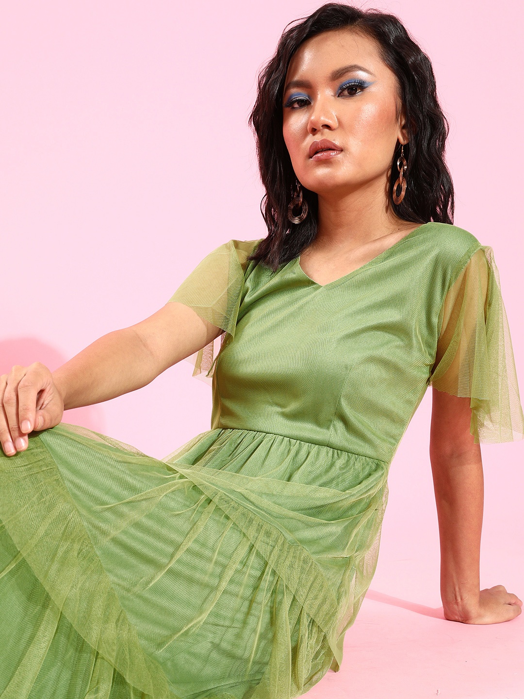 

U&F Green Layered Net Midi Dress