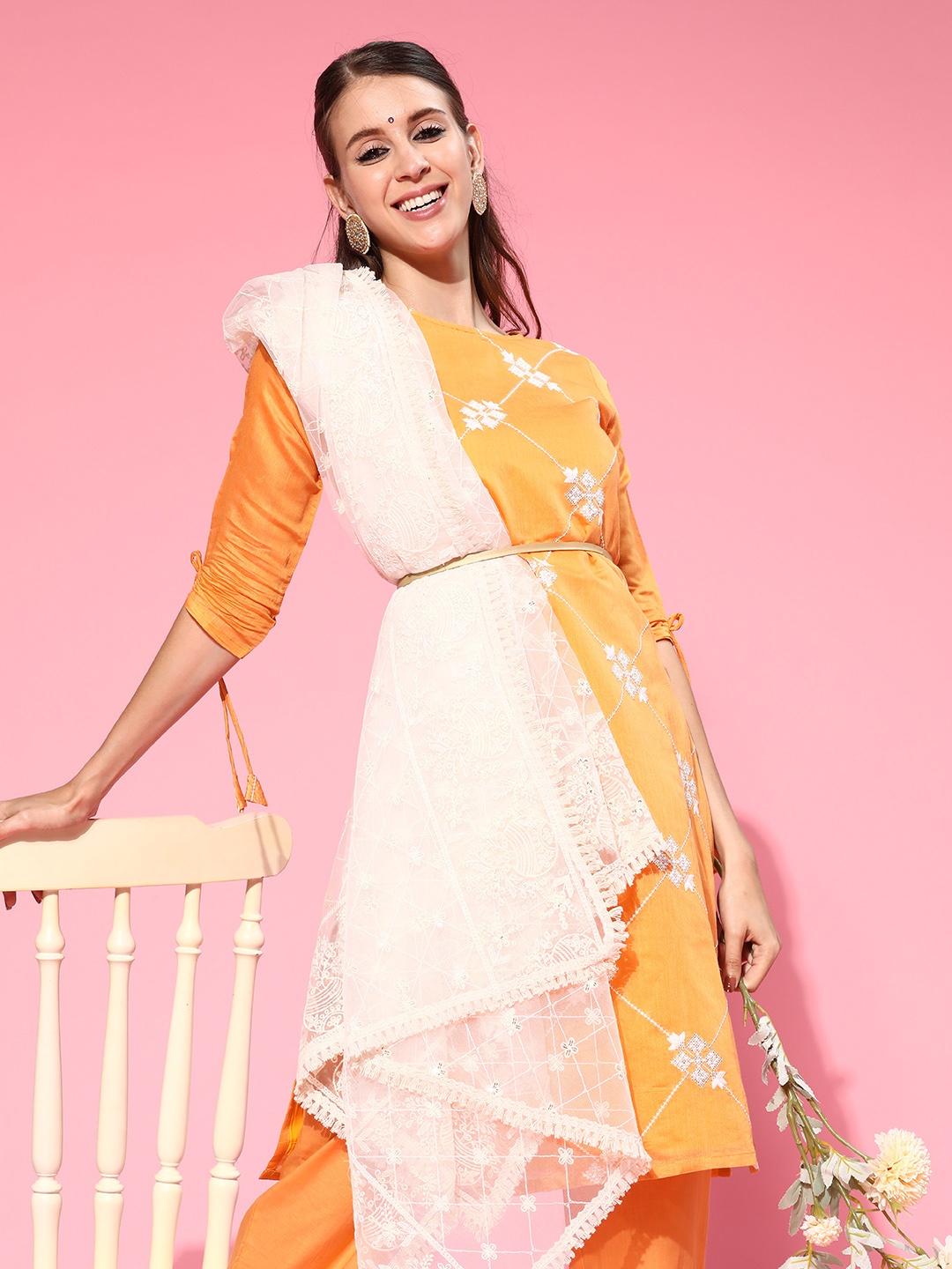 

Indo Era Women Orange Embroidered Regular Sequinned Chanderi Cotton Kurta with Trousers & With Dupatta