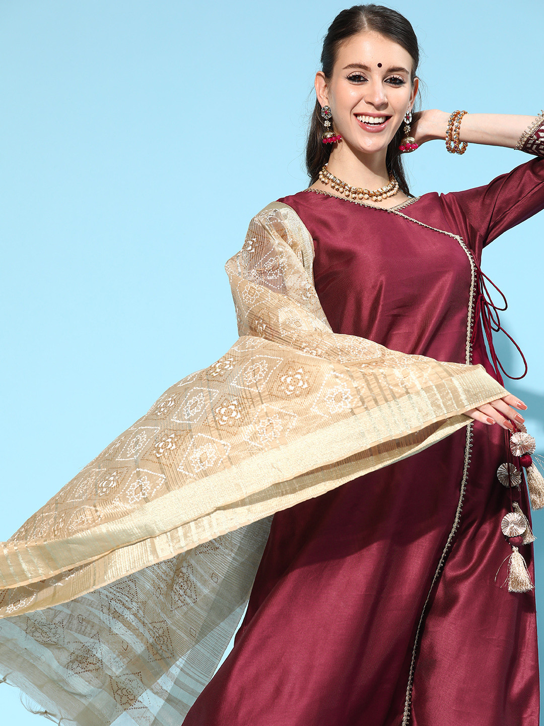 

Indo Era Women Burgundy Angrakha Gotta Patti Liva Kurta with Trousers & With Dupatta