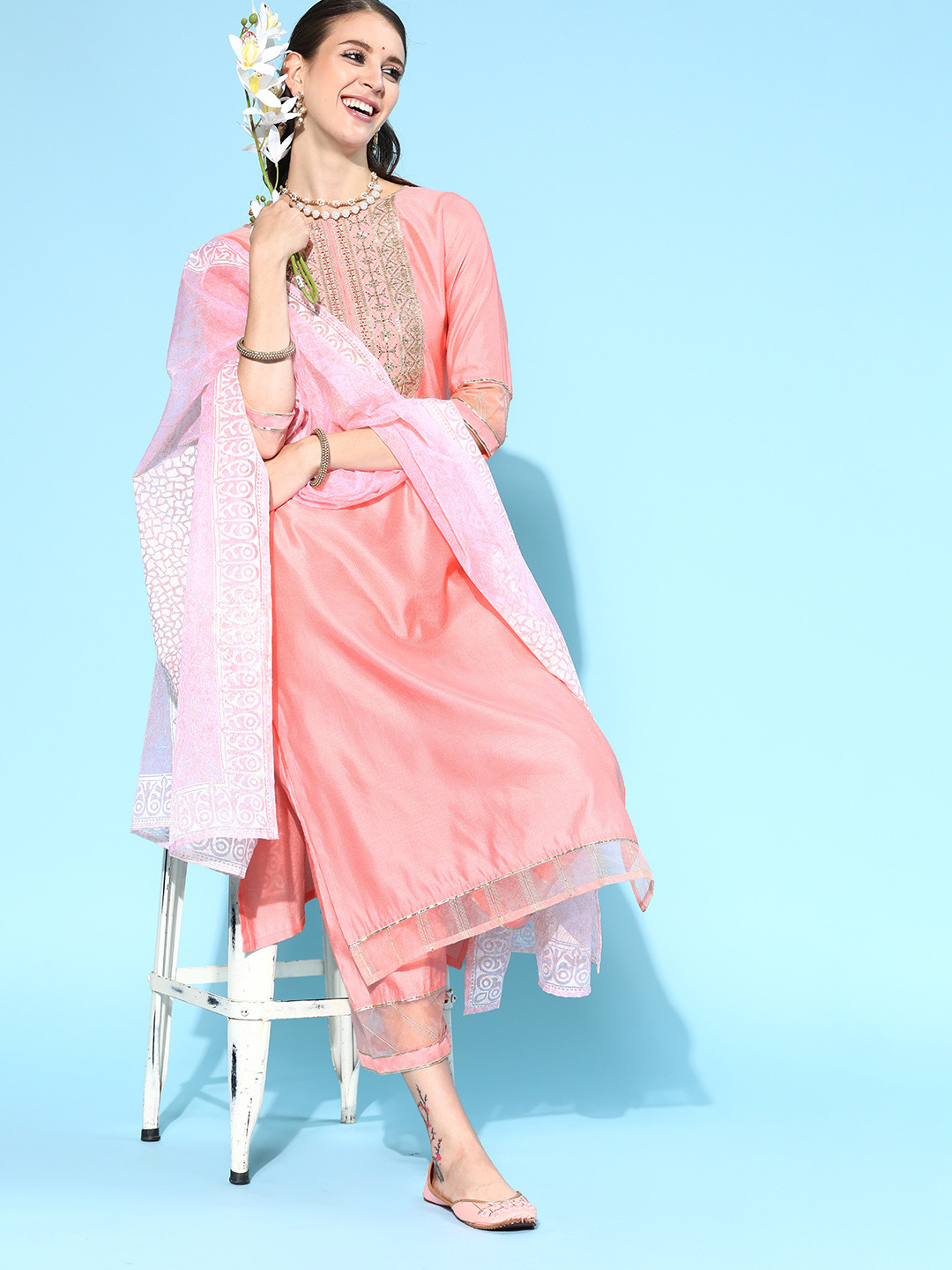 

Indo Era Women Pink Embroidered Regular Sequinned Liva Kurta with Palazzos & With Dupatta
