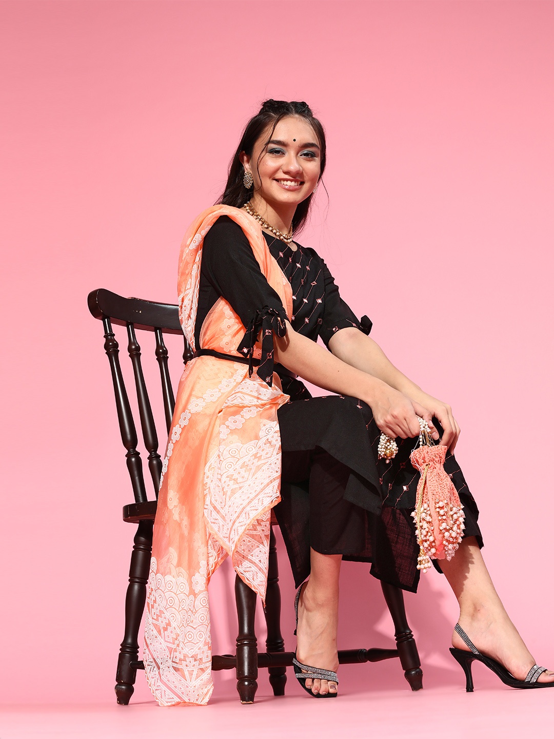 

Indo Era Women Black Embroidered Regular Mirror Work Kurta with Trousers & With Dupatta