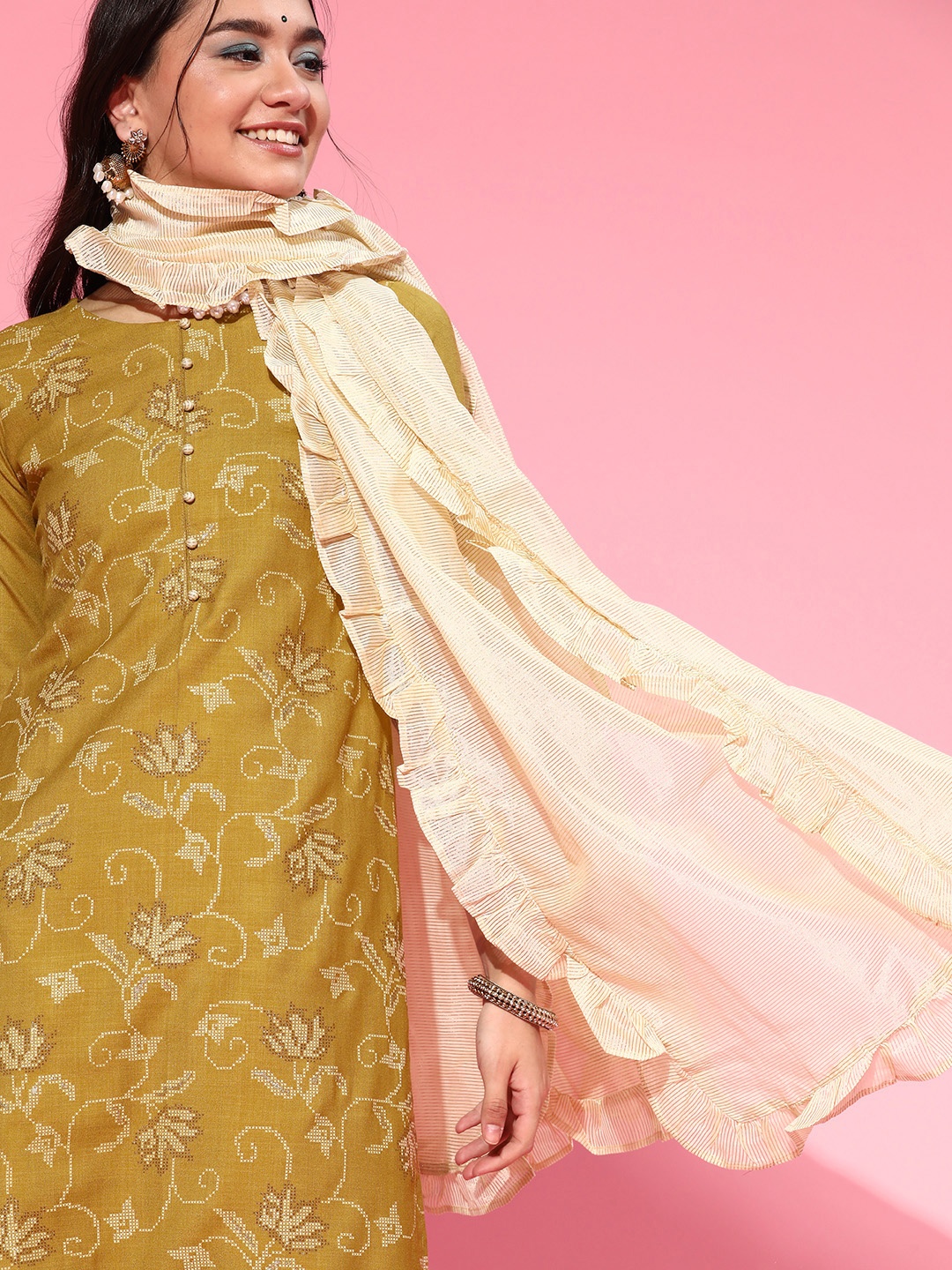 

Indo Era Women Mustard Yellow & Beige Ethnic Print Kurta with Palazzos & Dupatta