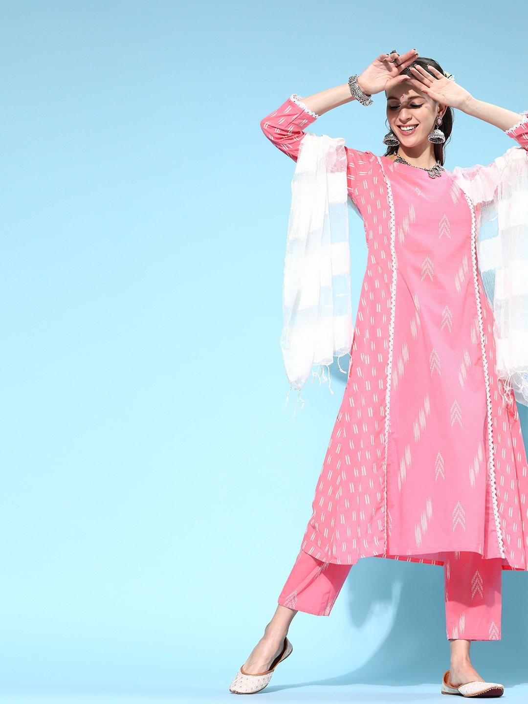 

Indo Era Women Pink Printed Regular Kurta with Trousers & With Dupatta