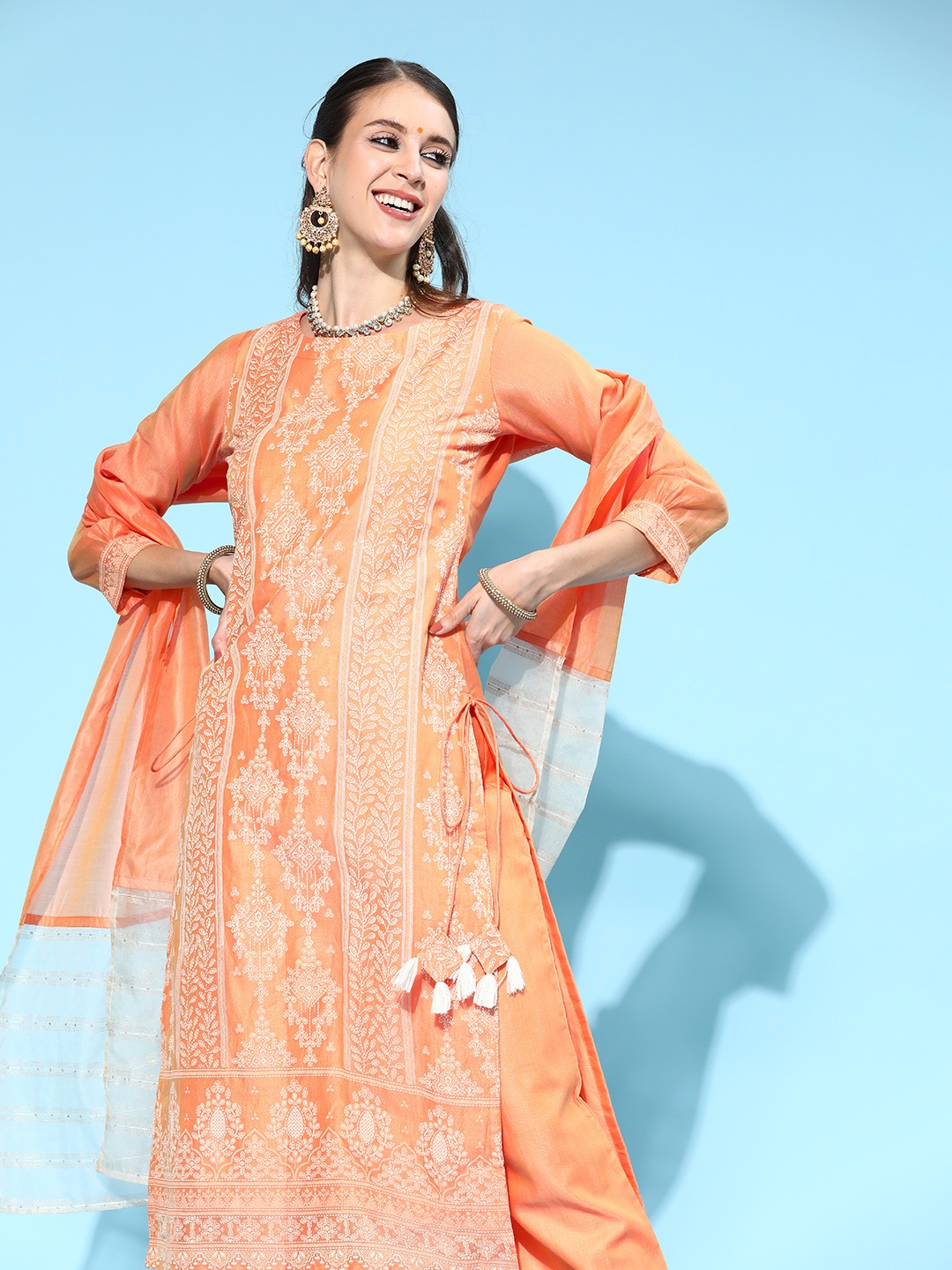 

Indo Era Floral Chanderi Silk Kurta Set, Peach