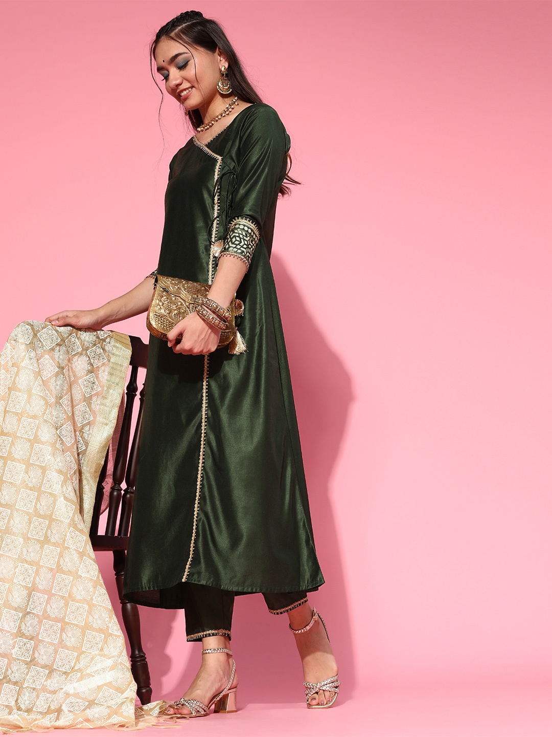 

Indo Era Women Green Angrakha Liva Kurta with Trousers & With Dupatta