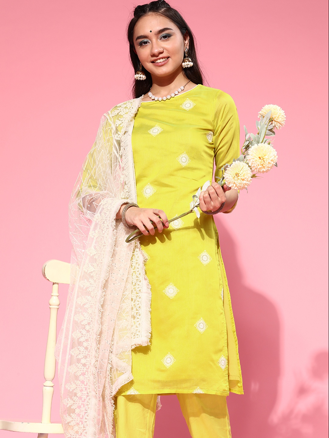 

Indo Era Ethnic Motifs Chanderi Cotton Kurta Set, Yellow