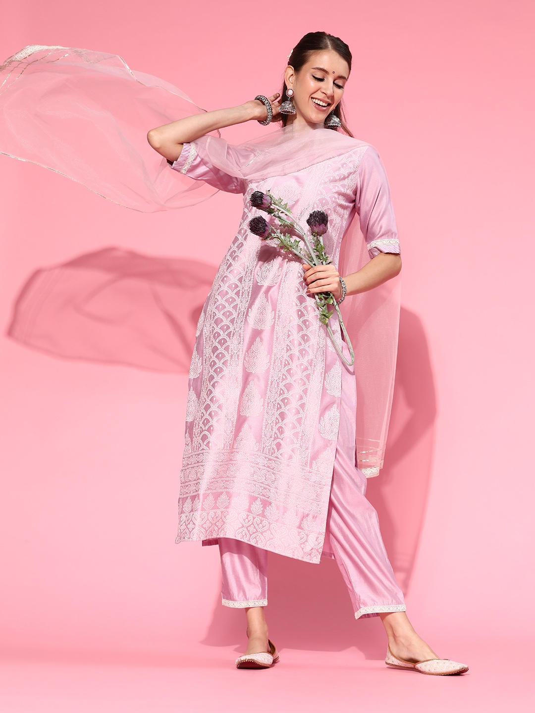 

Indo Era Women Lavender Floral Printed Regular Liva Kurta with Trousers & With Dupatta