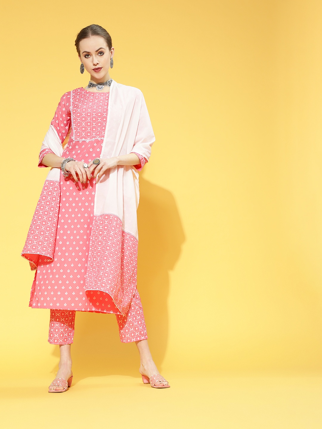 

Indo Era Women Pink Printed Regular Kurta with Trousers & With Dupatta