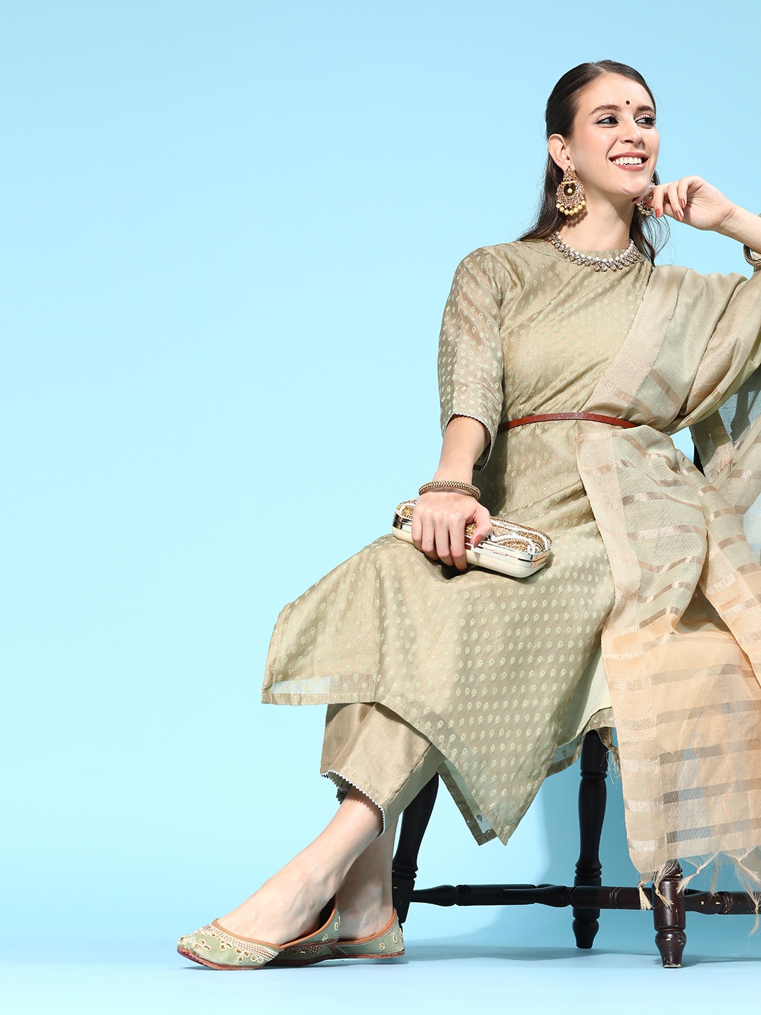 

Indo Era Floral Chanderi Silk Kurta Set, Sea green