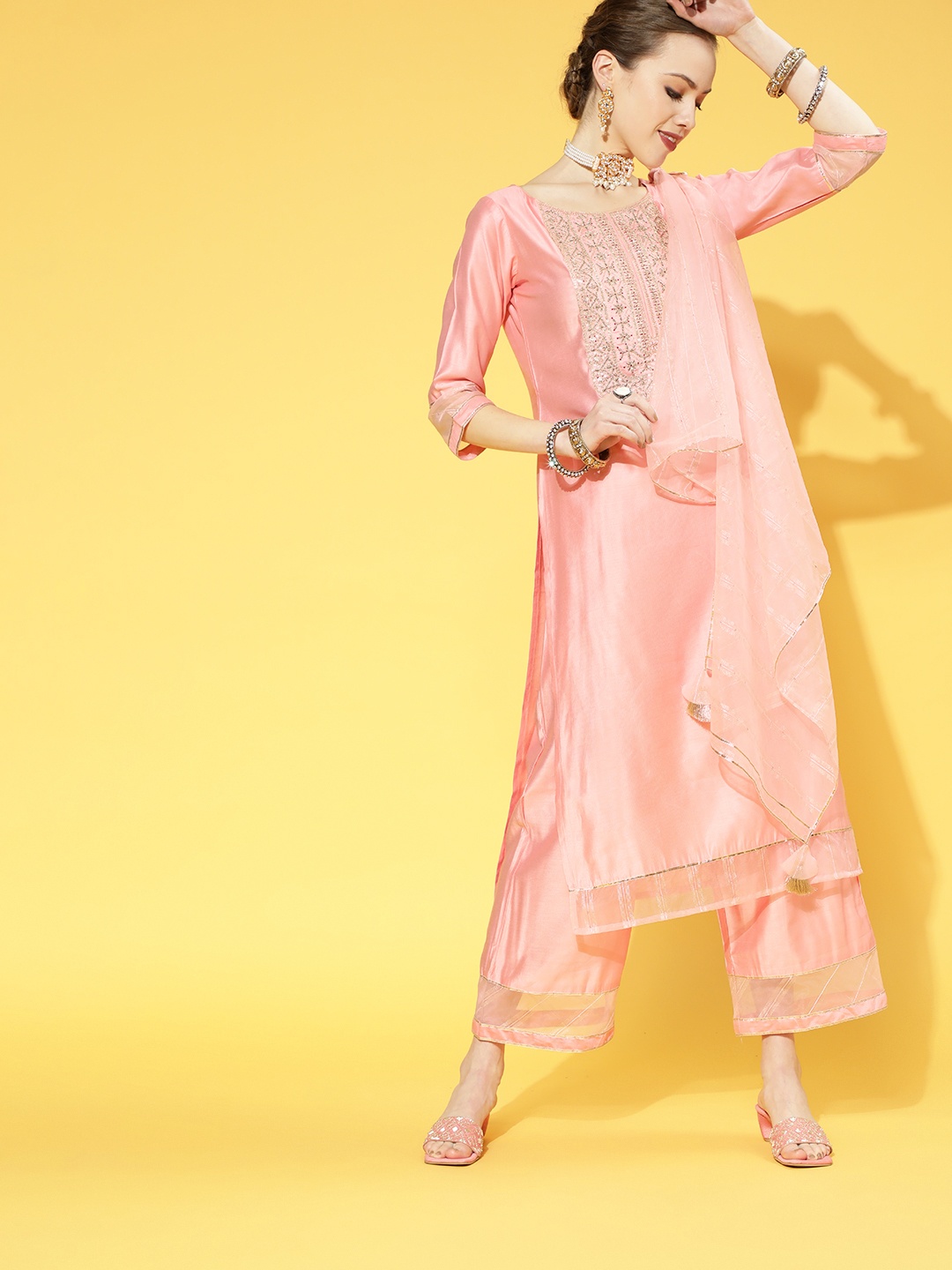 

Indo Era Women Pink Paisley Embroidered Regular Sequinned Chanderi Silk Kurta with Palazzos & With Dupatta