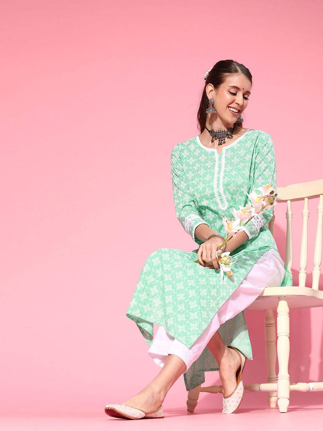 

Indo Era Women Sea Green Printed Pure Cotton Kurta with Palazzos