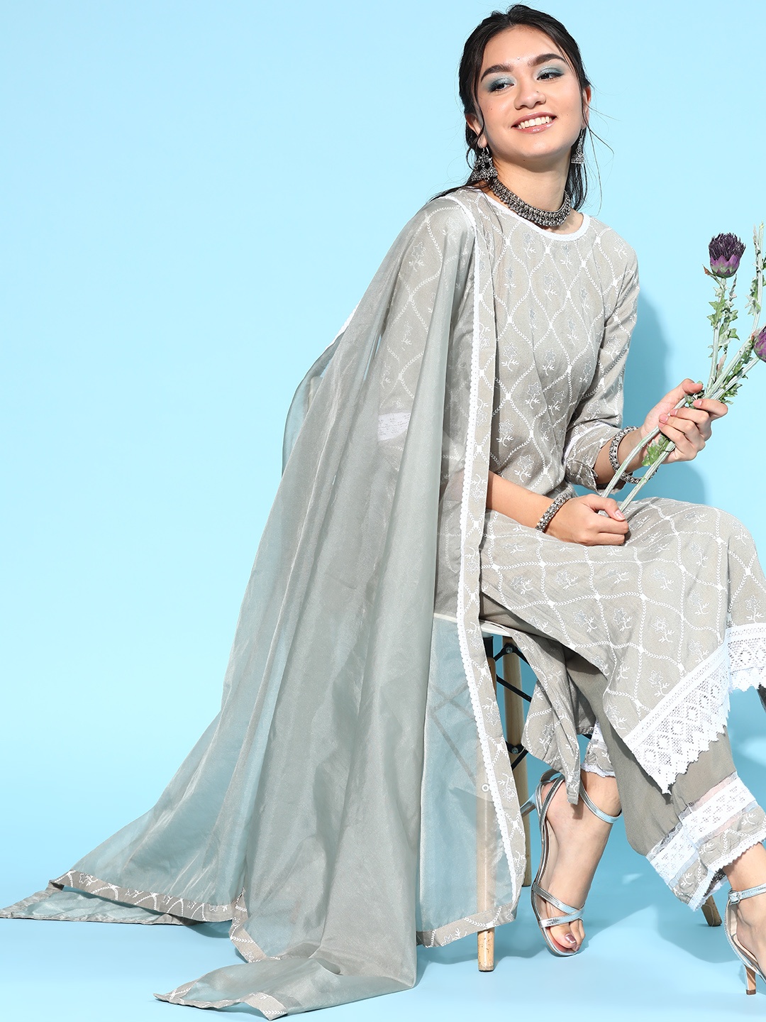 Indo Era Women Grey Floral Printed Regular Patchwork Kurta with Palazzos & With Dupatta