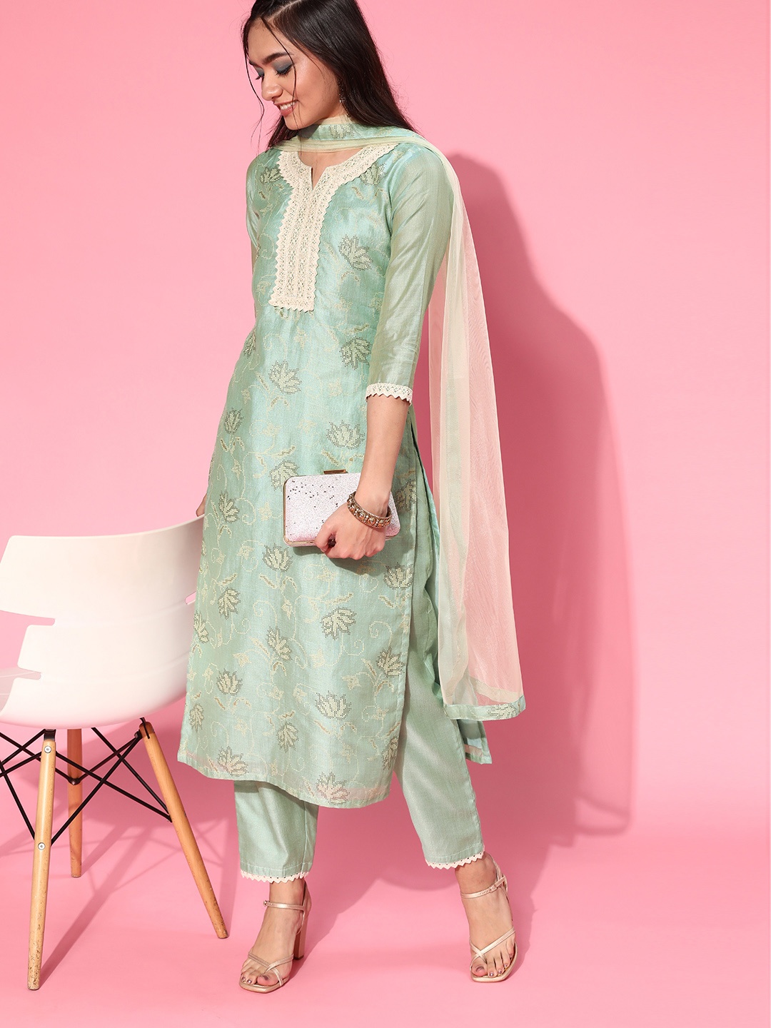 

Indo Era Ethnic Motifs Chanderi Silk Kurta Set, Blue