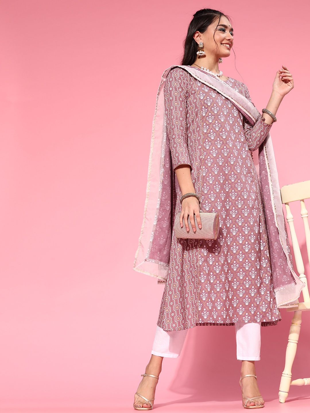 

Indo Era Ethnic Motifs Print Kurta with Trousers & Dupatta, Lavender