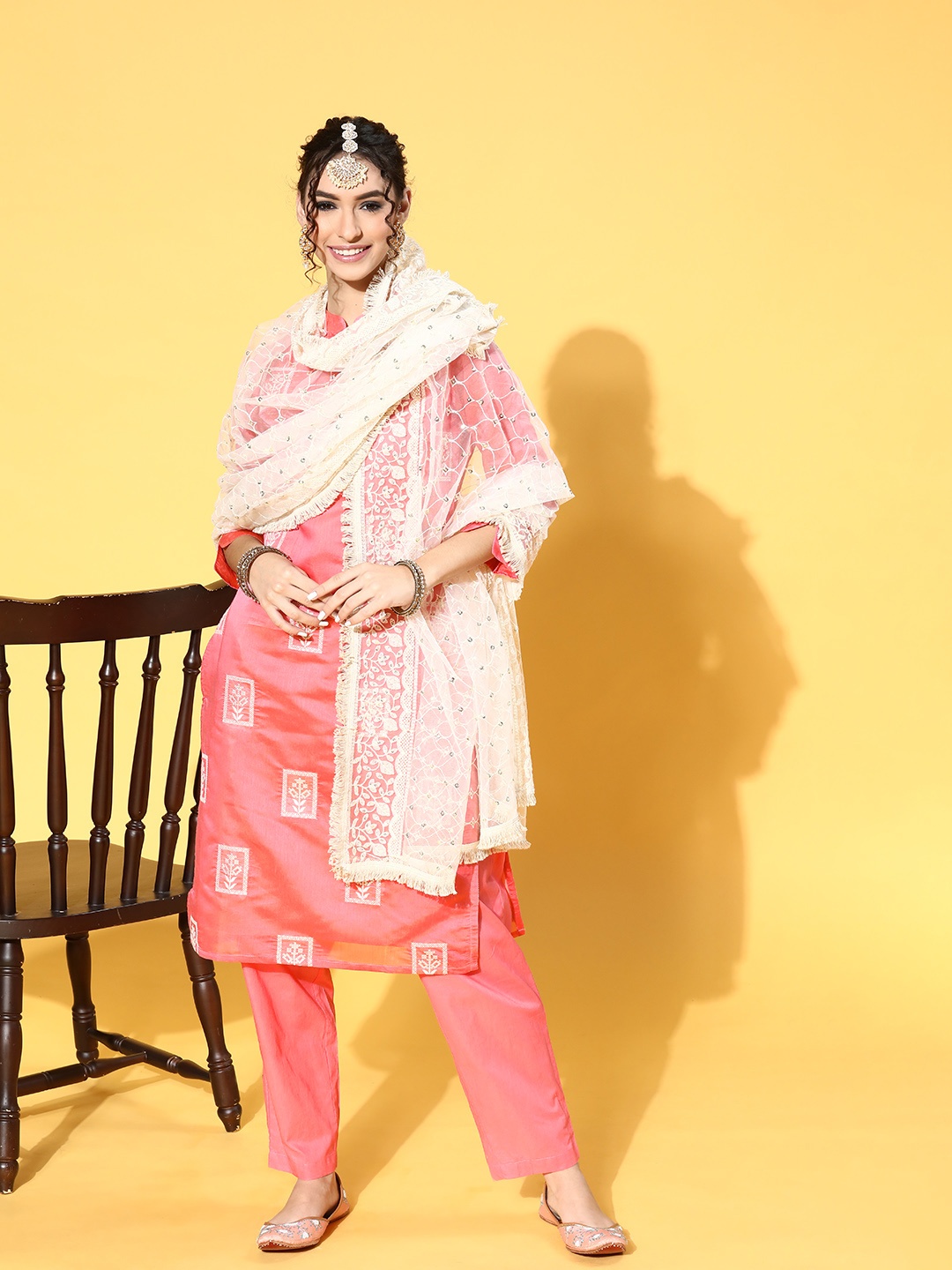 

Indo Era Women Pink Floral Embroidered Regular Sequinned Chanderi Cotton Kurta with Trousers & With Dupatta