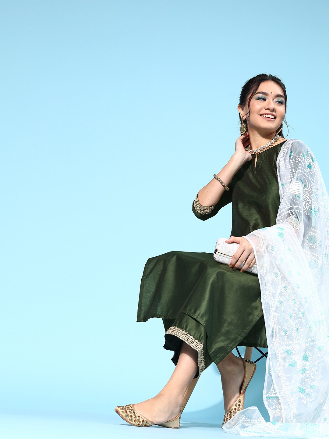

Indo Era Women Green Embroidered Regular Sequinned Liva Kurta with Palazzos & With Dupatta