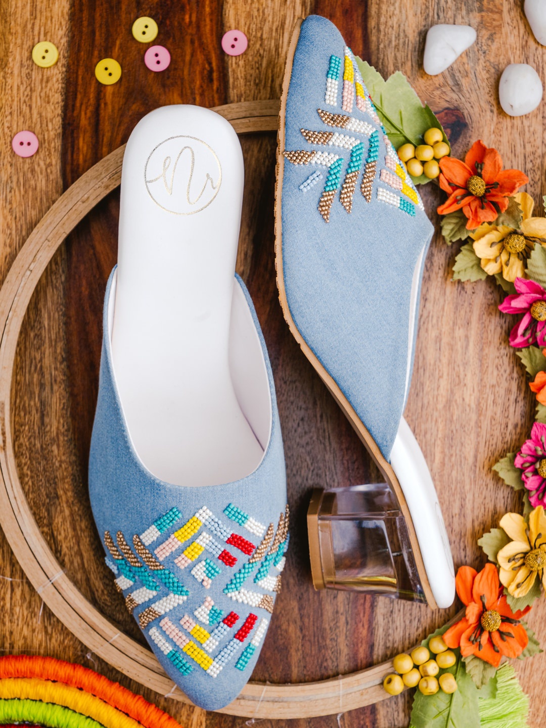 

NR By Nidhi Rathi Blue Embroidered Block Mules