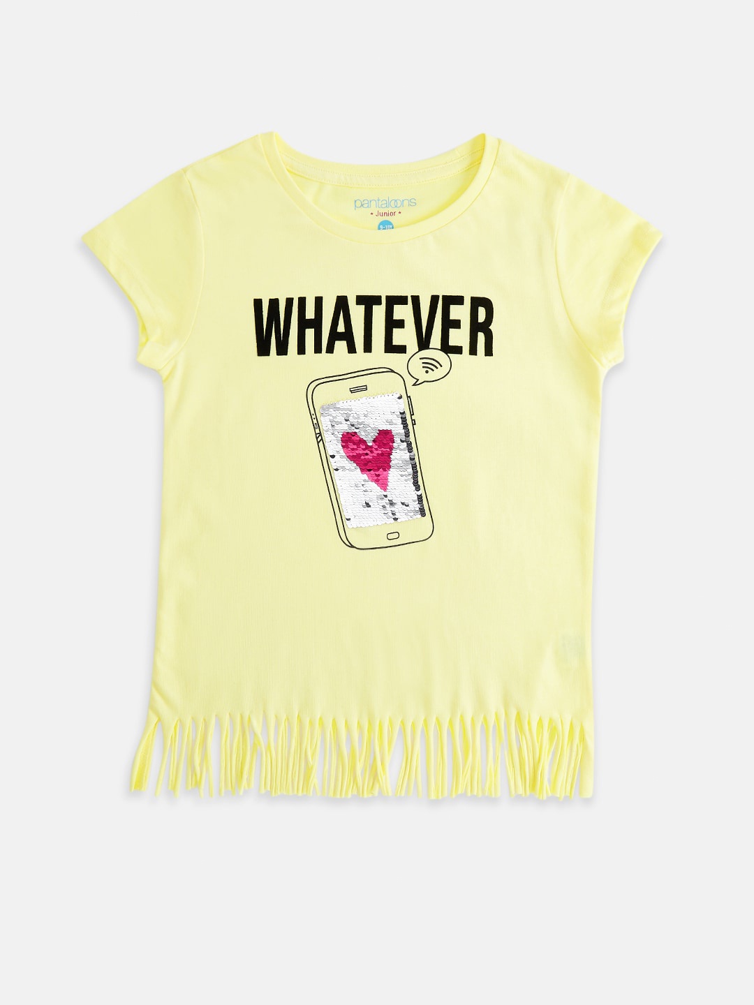 

Pantaloons Junior Girls Yellow Black Typography Printed Pure Cotton T-shirt