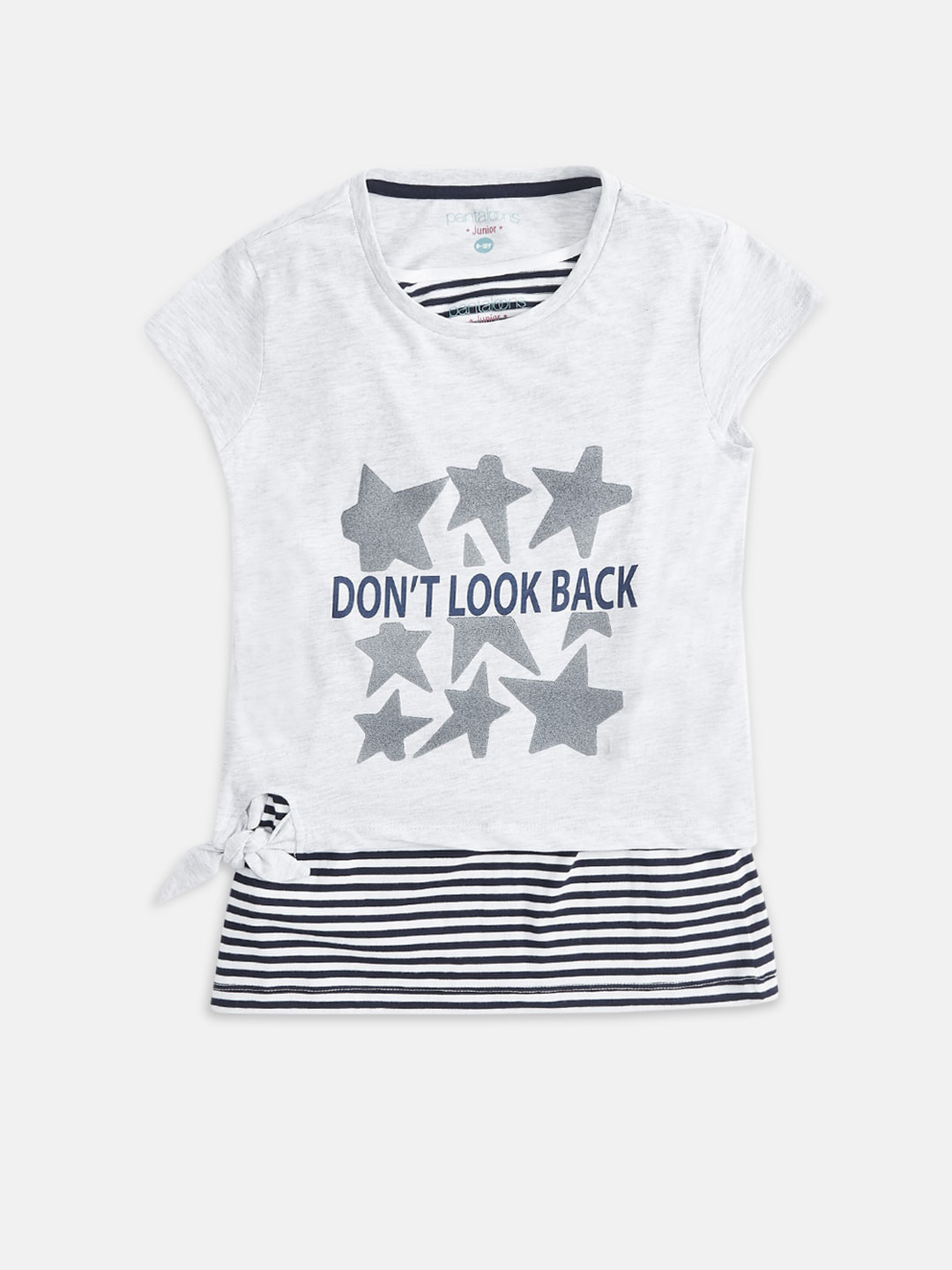 

Pantaloons Junior Girls Grey Melange & Black Typography Printed Applique T-shirt