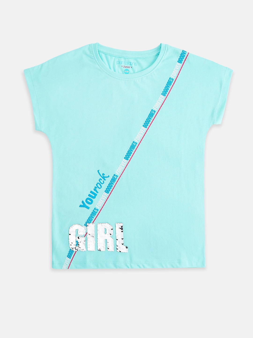 

Pantaloons Junior Girls Blue White Printed Extended Sleeves Pure Cotton T-shirt