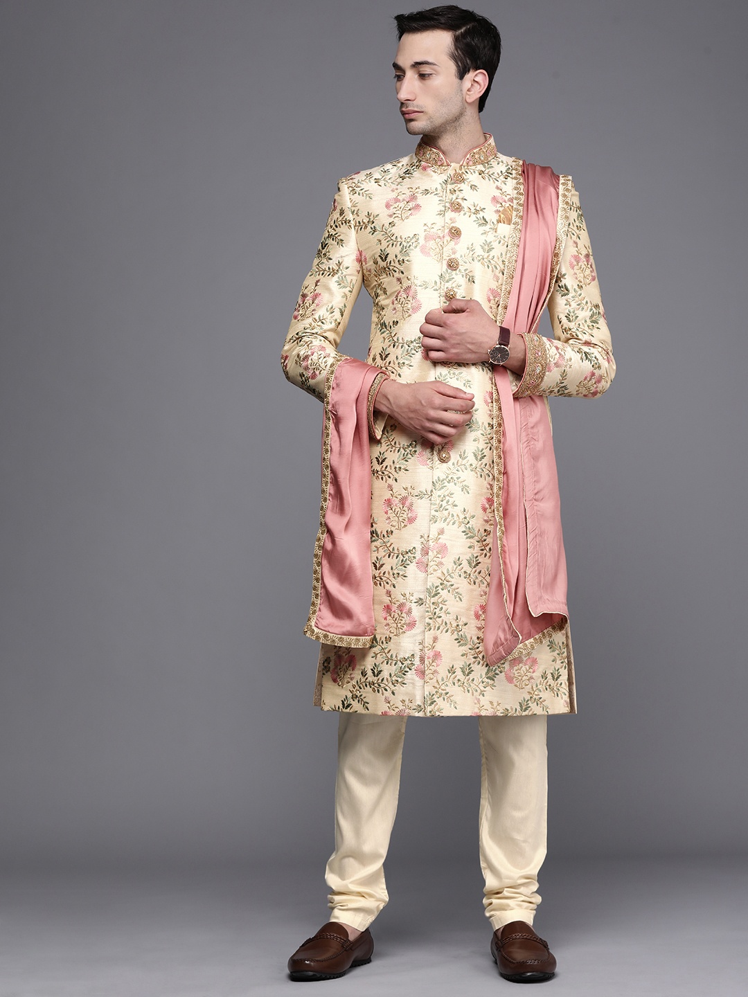 

Manyavar Men Beige Art Silk Printed Sherwani and Churidar With Dupatta