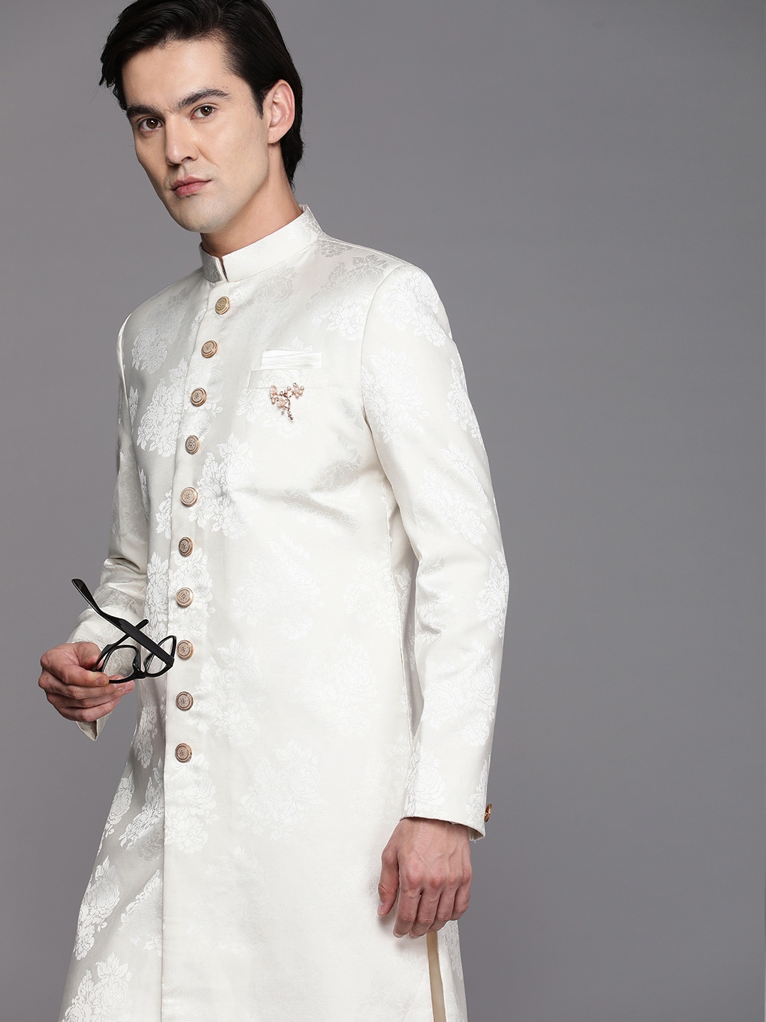 

Manyavar Men Off White Printed Sherwani and Churidar Set