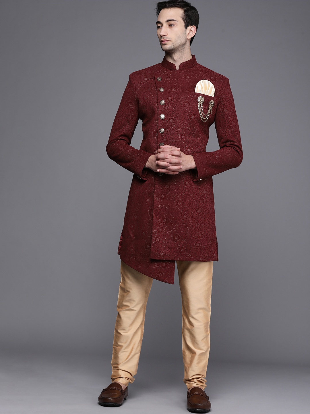 

Manyavar Men Maroon & Beige Art Silk Woven Design Sherwani and Churidar