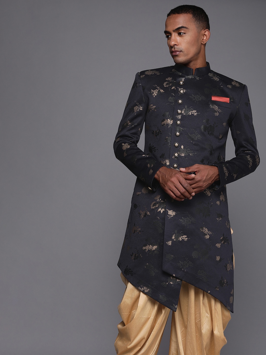 

Manyavar Men Navy Blue & Beige Printed Sherwani Set