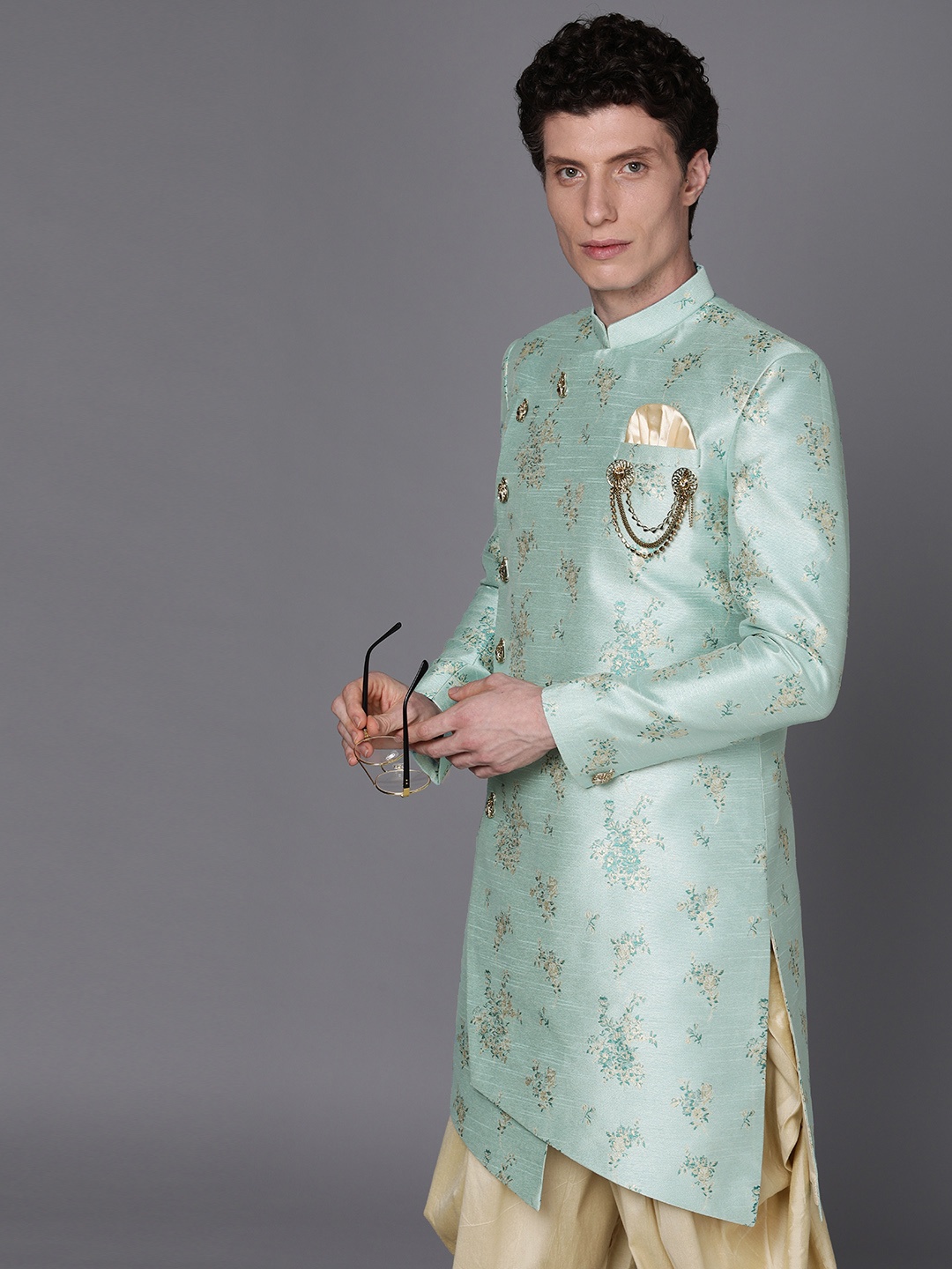 

Manyavar Men Sea Green & Beige Floral Printed Sherwani and Patiala Set
