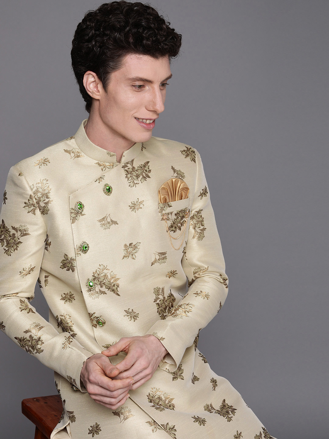 

Manyavar Men Beige Floral Printed Sherwani and Patiala Set