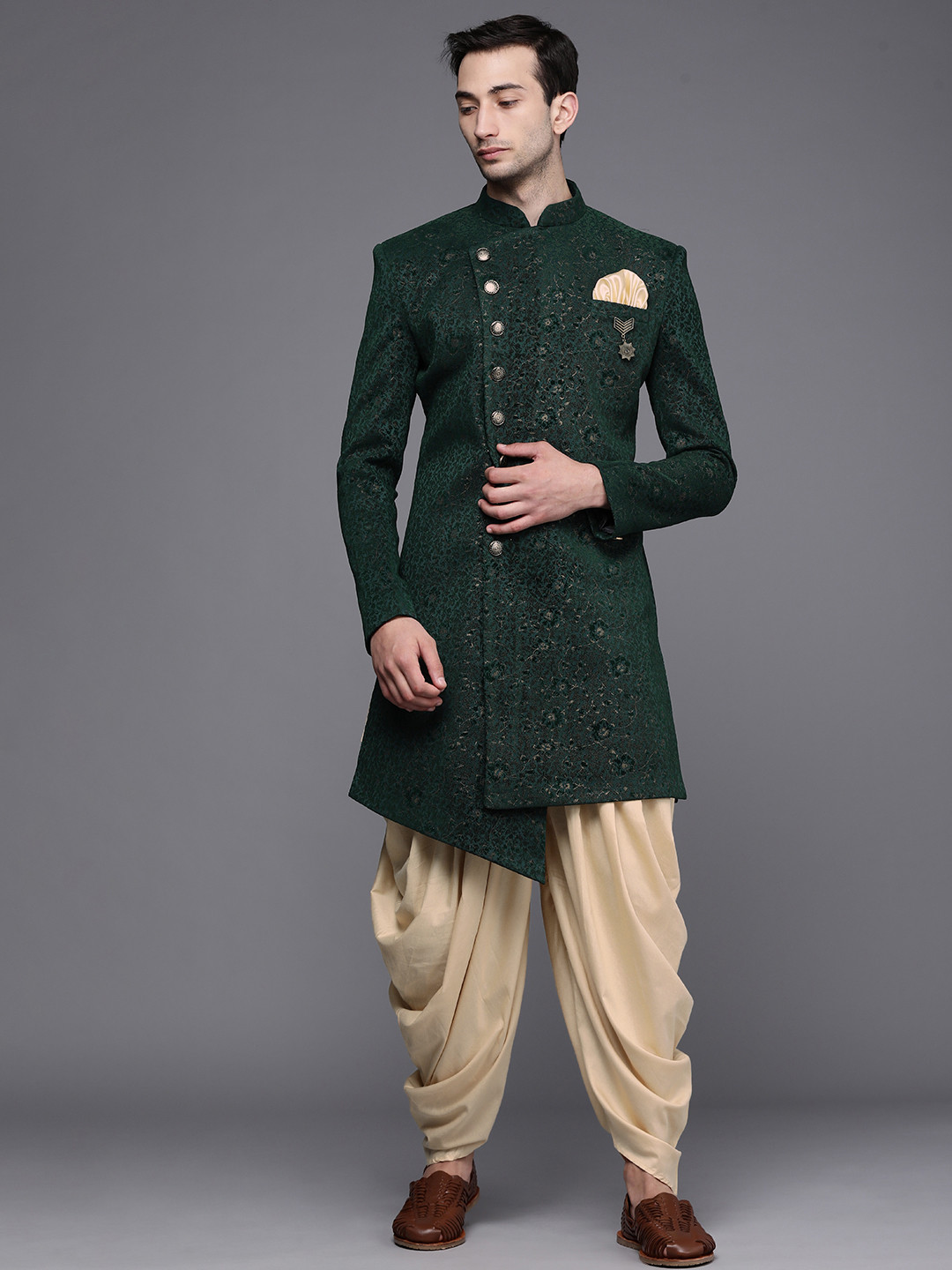 

Manyavar Men Green & Beige Ethnic Motif Embroidered Sherwani and Patiala Set