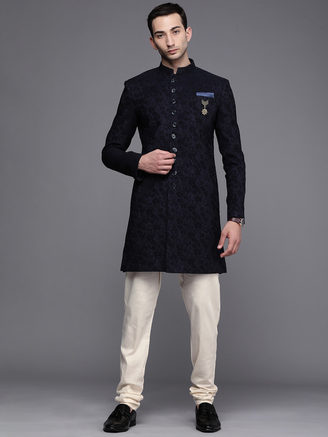 

Manyavar Men Navy Blue & White Floral Printed Sherwani and Churidar Set