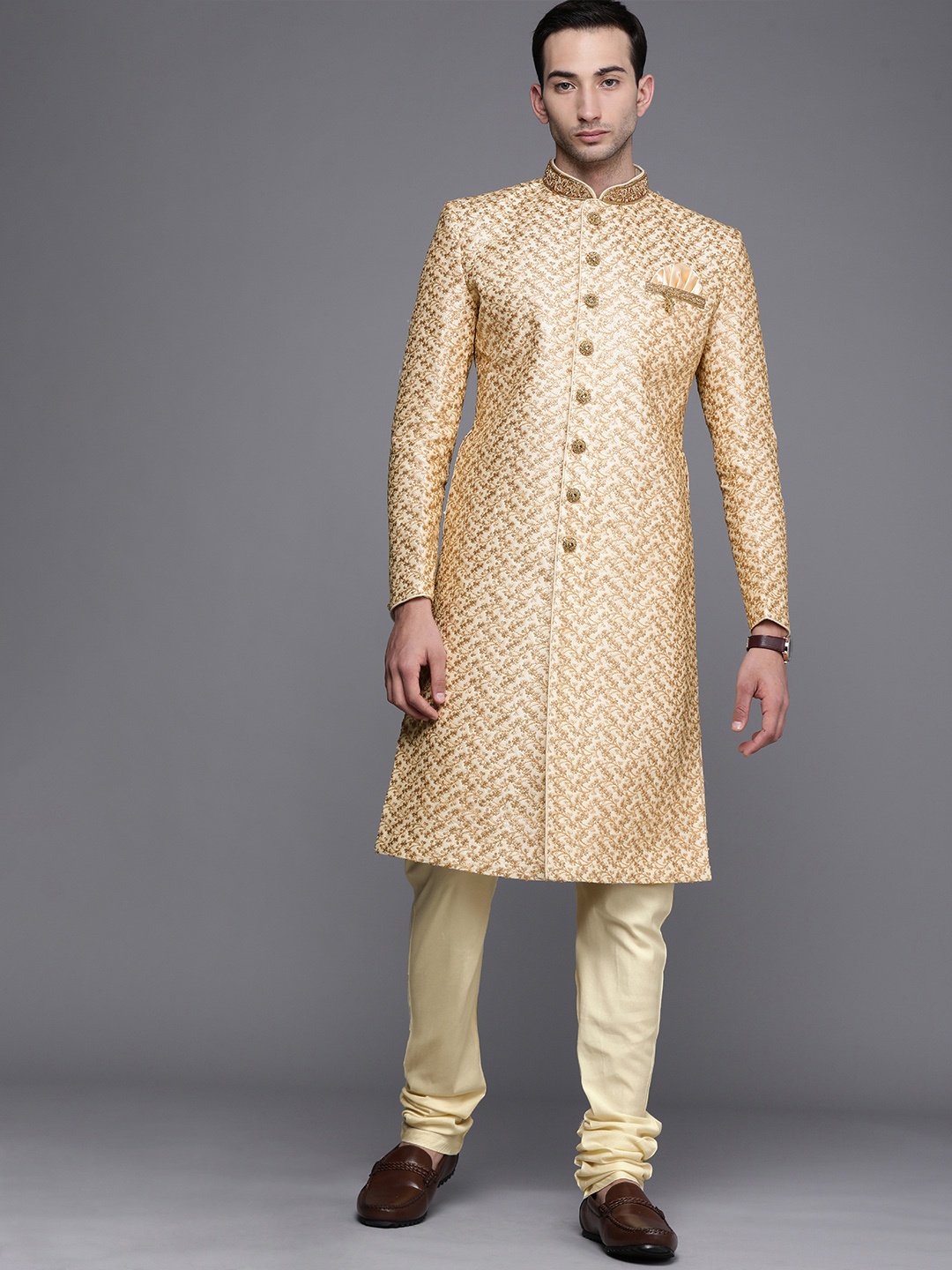 

Manyavar Men Beige Floral Embroidered Sherwani and Churidar Set