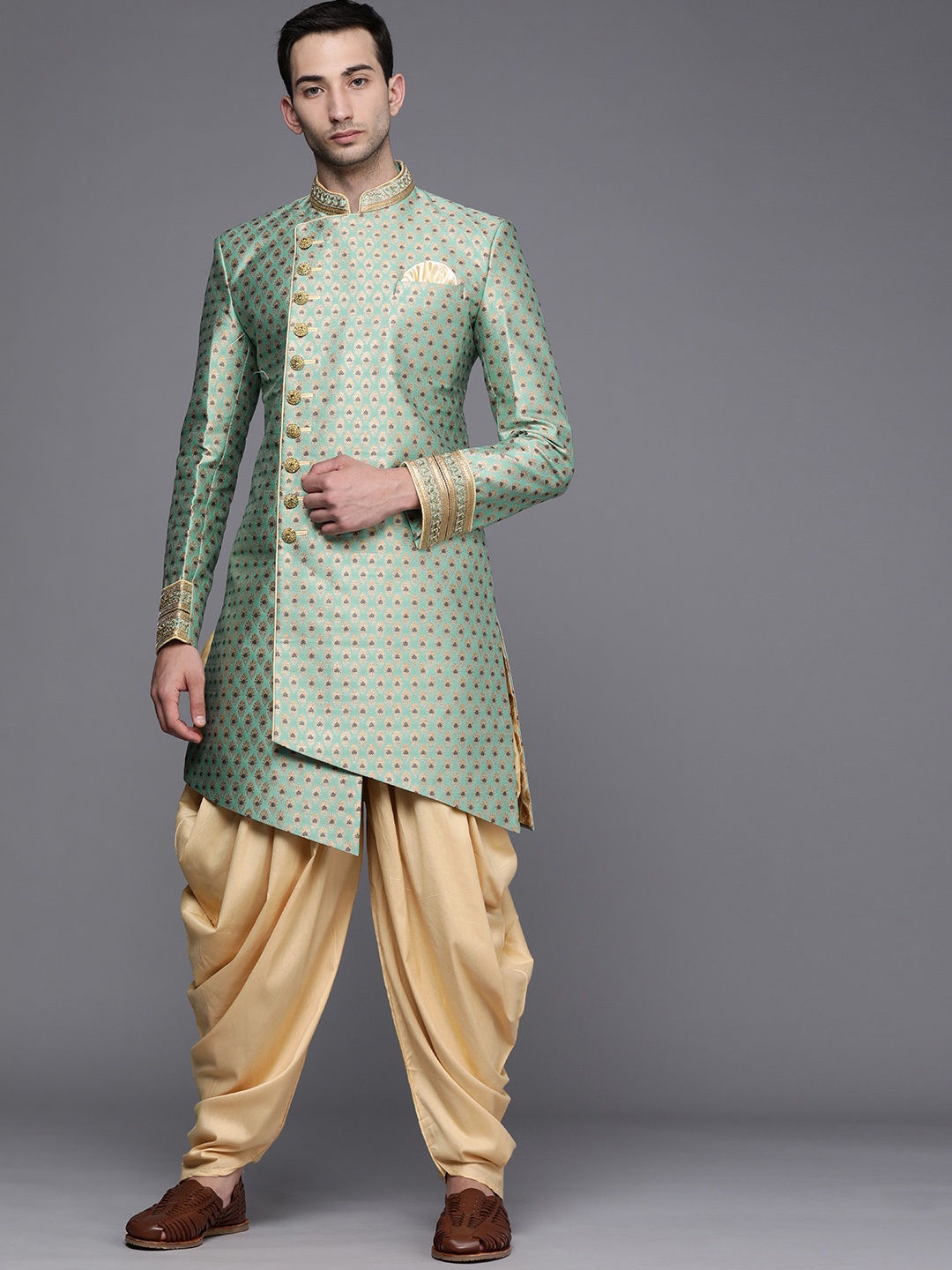 

Manyavar Men Green & Beige Ethnic Motif Printed Sherwani and Patiala Set