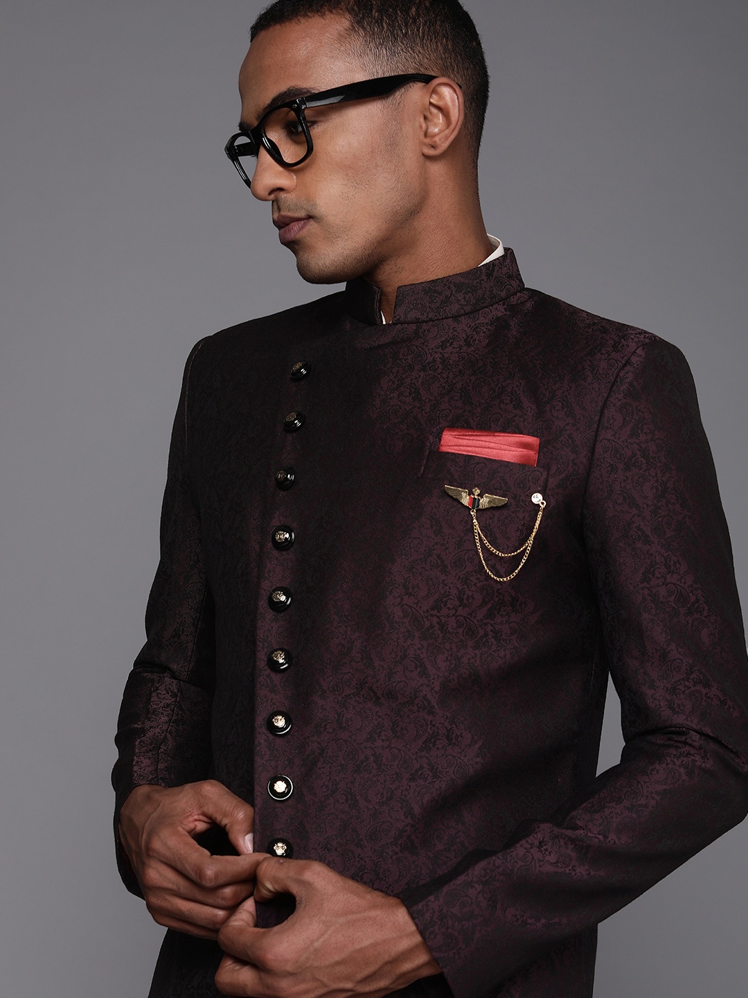 

Manyavar Men Burgundy & Beige Ethnic Motif Printed Sherwani and Churidar Set