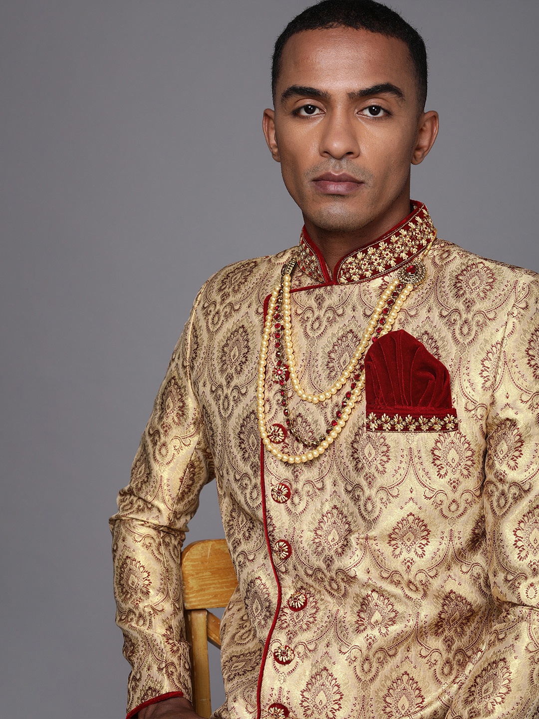 

Manyavar Men Beige & Maroon Printed Sherwani and Churidar Set