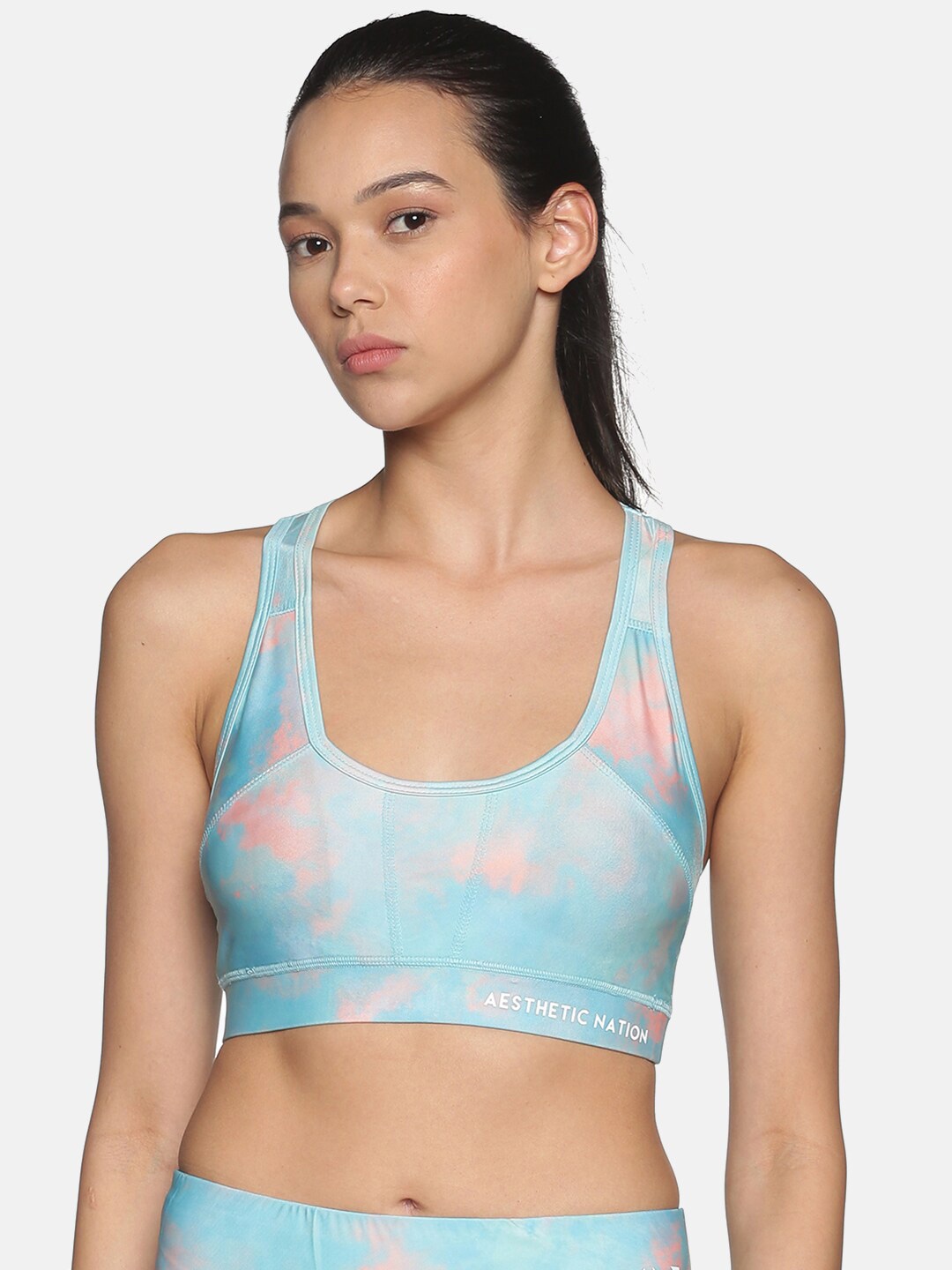 

AESTHETIC NATION Green & Turquoise Blue Colourblocked Full Coverage Non Wired Workout Bra