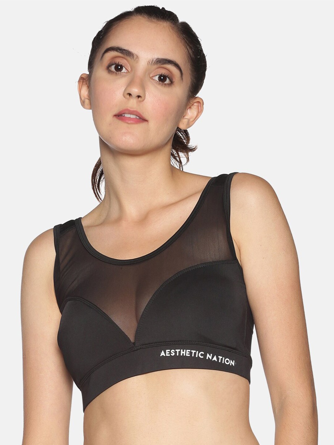 

AESTHETIC NATION Black Solid Semi-Sheer Workout Bra