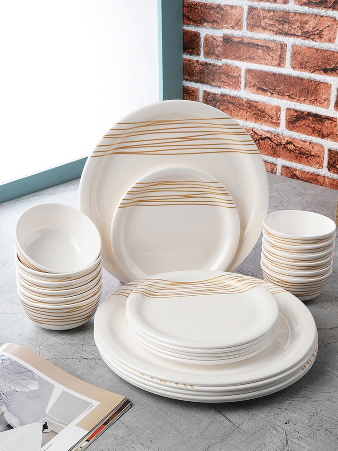 

Servewell Pack Of 24 White & Gold-Toned Printed Melamine Round Dinner Set