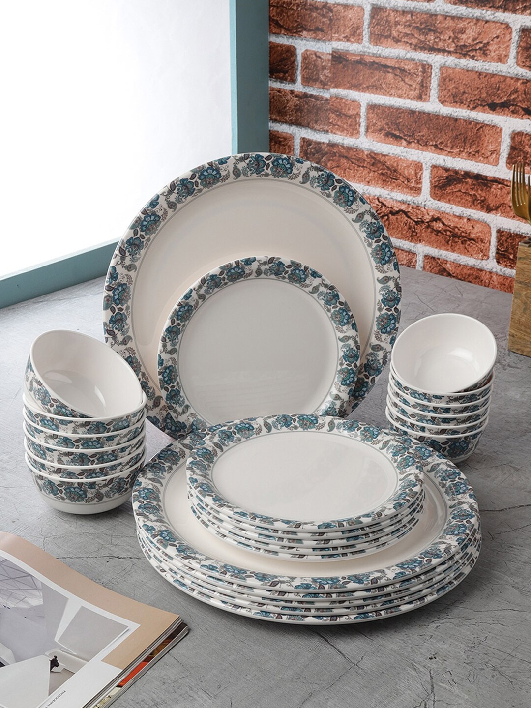 

Servewell Pack Of 24 White Printed Melamine Round Dinner Set