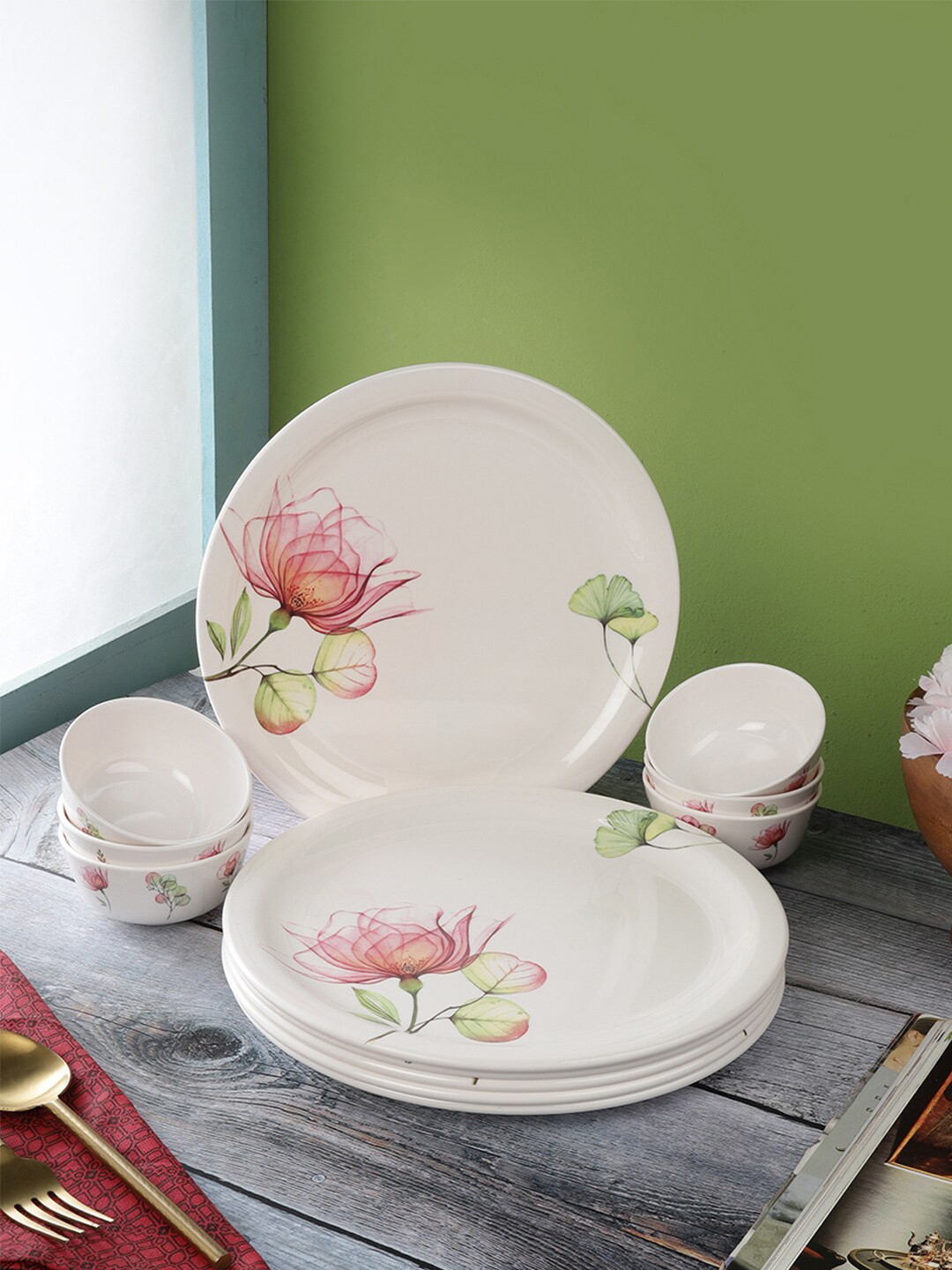 

Servewell Pack Of 12 White Printed Melamine Round Dinner Set