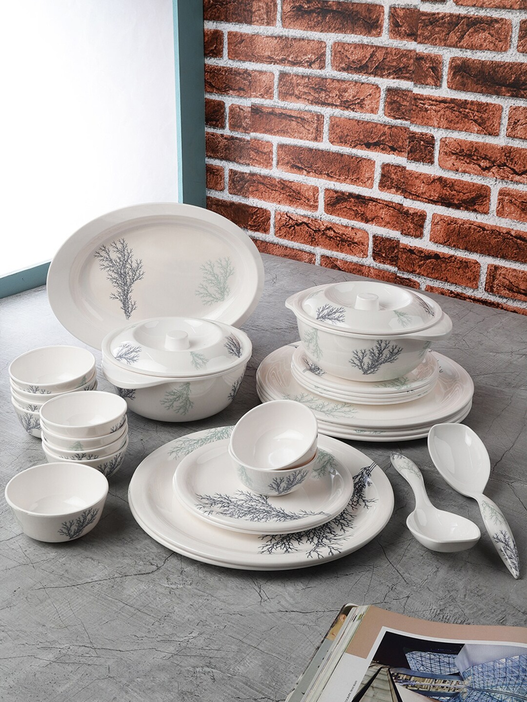 

Servewell Pack Of 31 White & Grey Printed Melamine Round Dinner Set