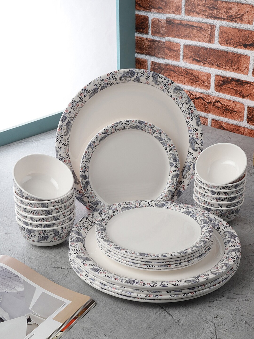 

Servewell Pack Of 24 White Printed Melamine Round Dinner Set