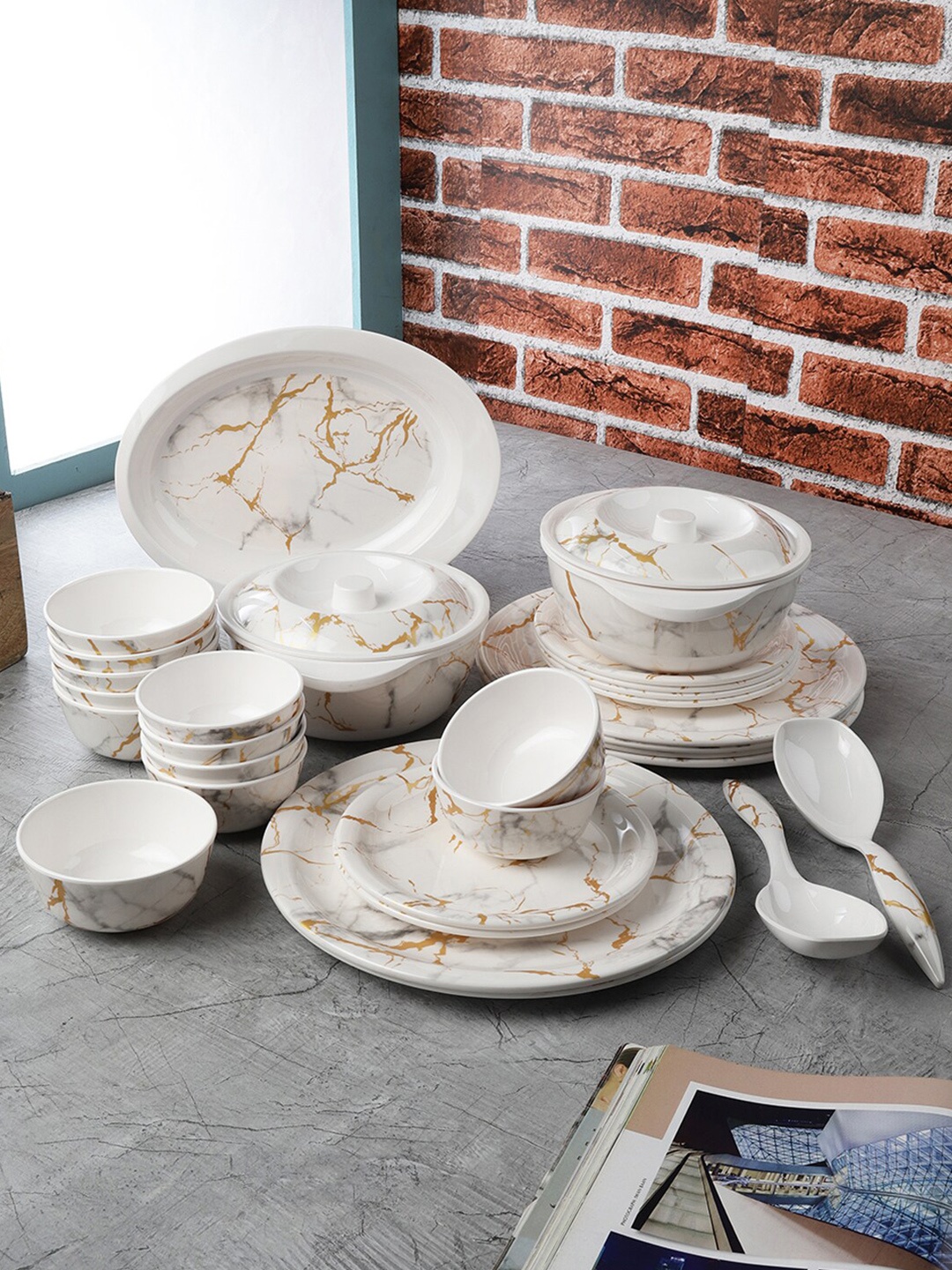

Servewell Pack Of 31 White & Gold-Toned Printed Melamine Round Dinner Set