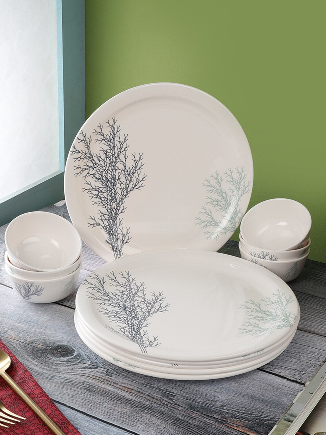 

Servewell Pack Of 12 White & Grey Printed Melamine Round Dinner Set
